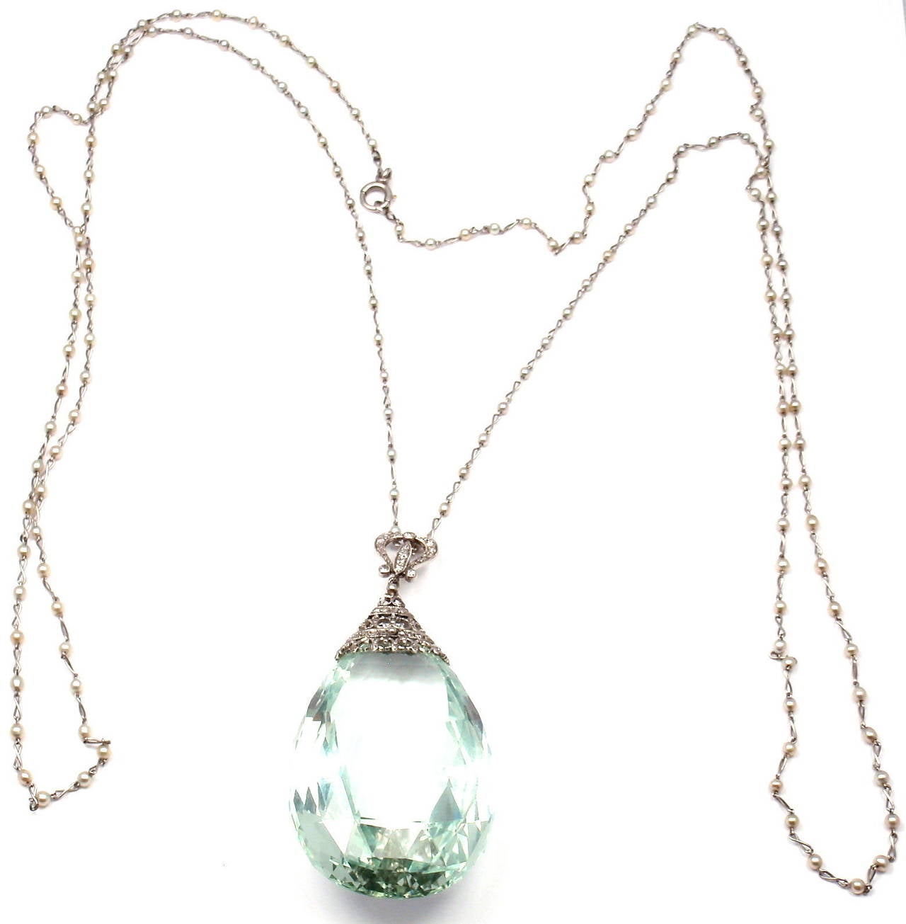Art Deco Large 167 Carat Aquamarine Pearl Platinum Pendant Necklace 1