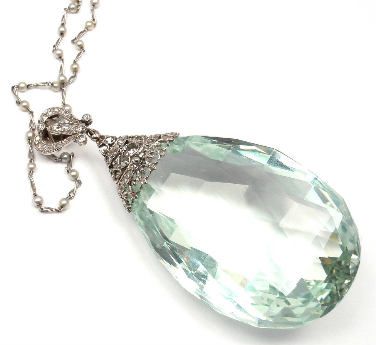 Women's Art Deco Large 167 Carat Aquamarine Pearl Platinum Pendant Necklace