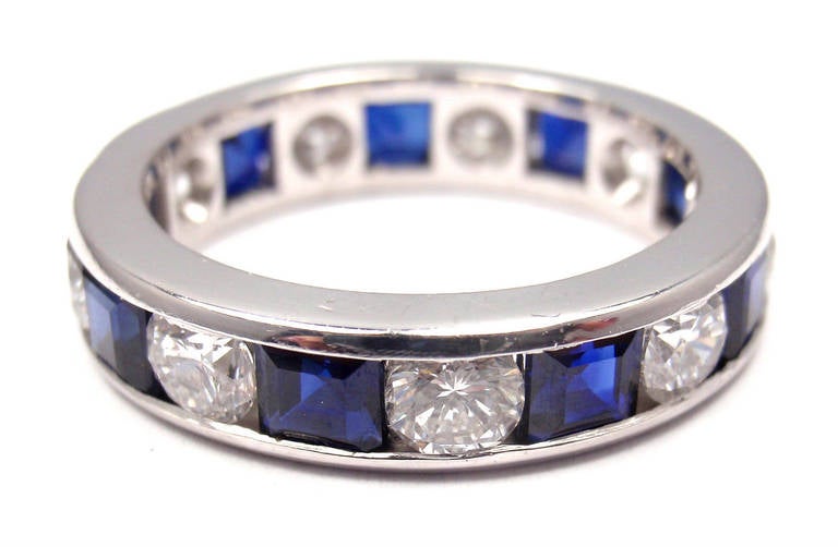 Cartier Diamond Sapphire Eternity Platinum Band Ring In New Condition In Holland, PA