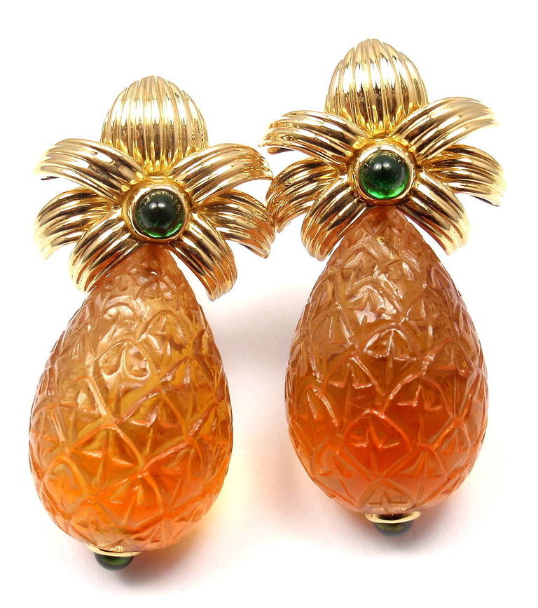 TIFFANY & CO. Carved Citrine Emerald Yellow Gold Earrings