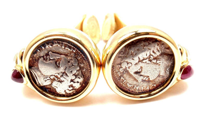 BULGARI Cabochon Ruby Ancient Roman Coin Yellow Gold Earrings In New Condition In Holland, PA