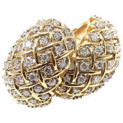 Vintage Tiffany & Co. Basket Weave Diamond Yellow Gold Hoop Earrings