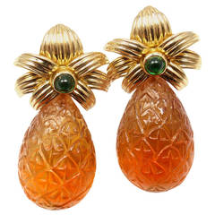 TIFFANY & CO. Carved Citrine Emerald Yellow Gold Earrings