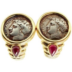 BULGARI Cabochon Ruby Ancient Roman Coin Yellow Gold Earrings