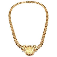 Vintage BULGARI Ancient Coin Emerald Yellow Gold Link Necklace