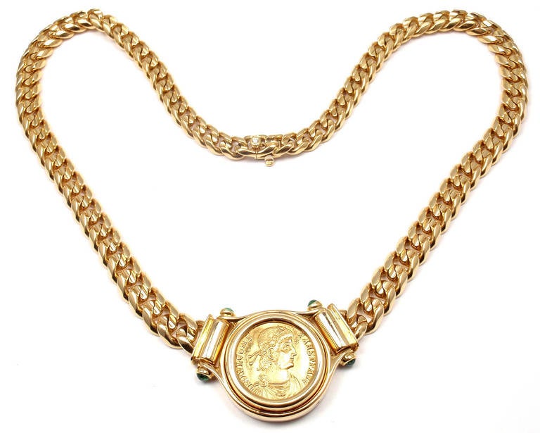 BULGARI Ancient Coin Emerald Yellow Gold Link Necklace In New Condition In Holland, PA