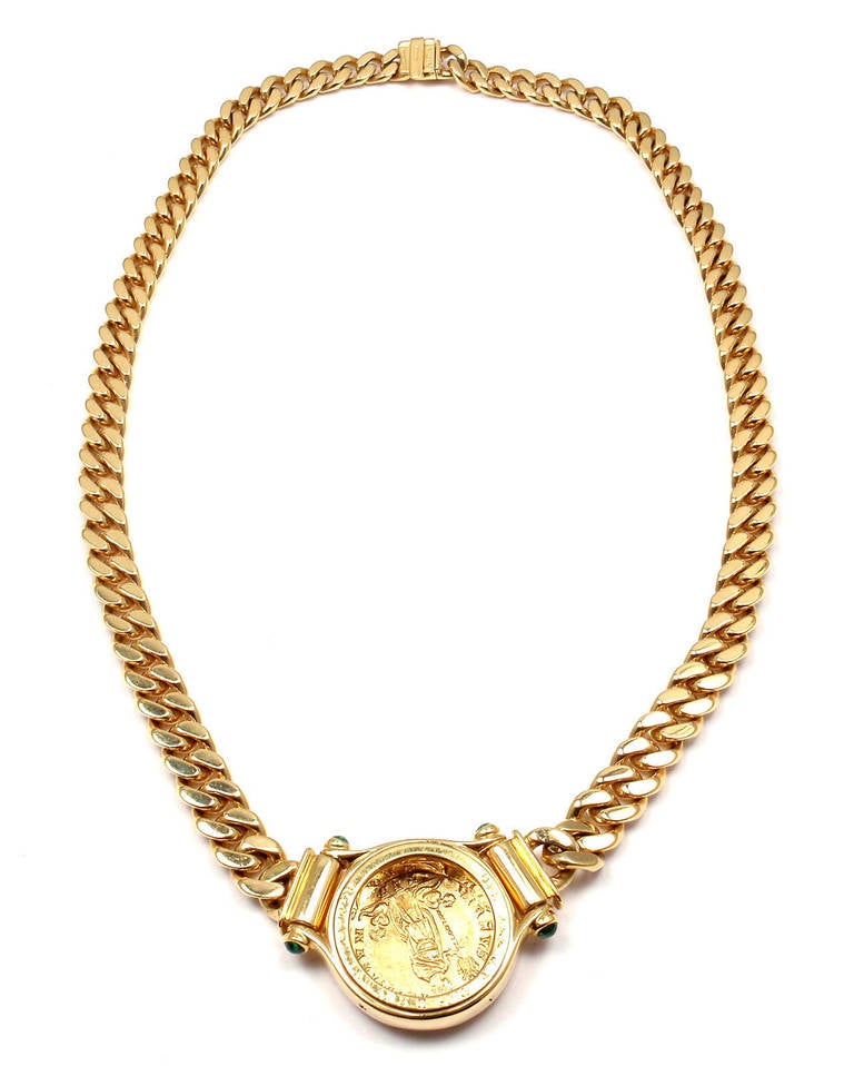 BULGARI Ancient Coin Emerald Yellow Gold Link Necklace 3