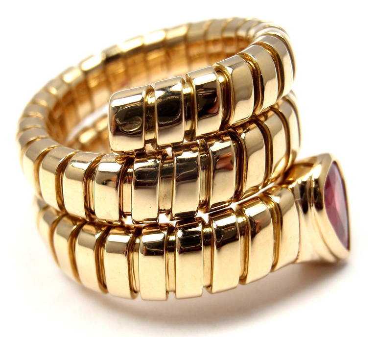 Bulgari Tubogas Ruby Yellow Gold Coil Snake Ring In New Condition In Holland, PA