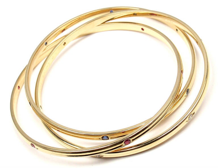 Cartier Trinity Ruby Sapphire Diamond Yellow Gold Bangle Bracelet In New Condition In Southampton, PA