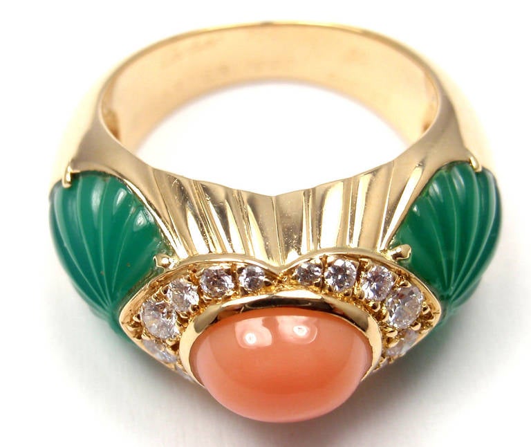 CARTIER Green Chalcedony Pink Coral Diamond Yellow Gold Ring 1
