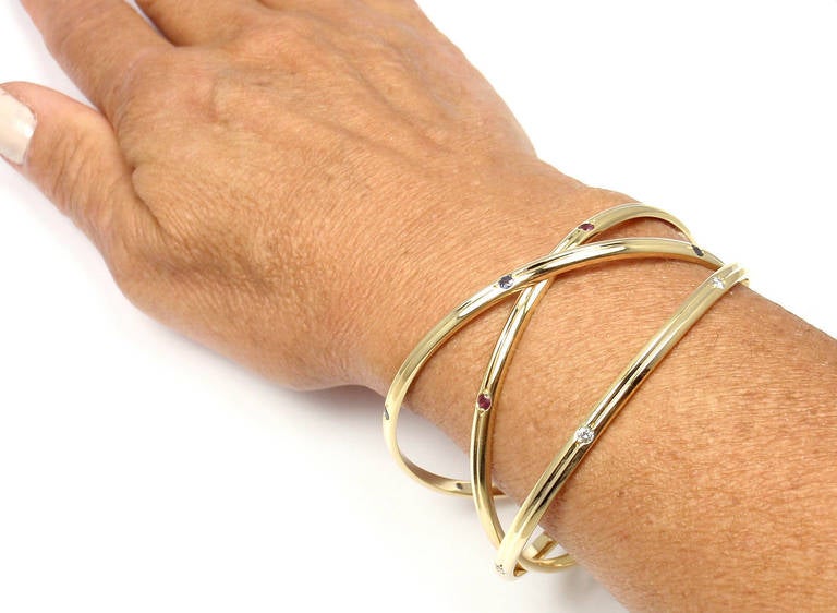 Women's Cartier Trinity Ruby Sapphire Diamond Yellow Gold Bangle Bracelet
