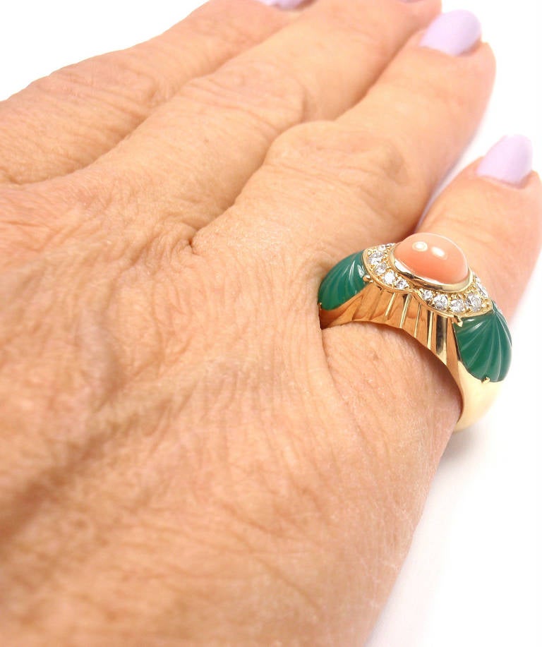 CARTIER Green Chalcedony Pink Coral Diamond Yellow Gold Ring 5