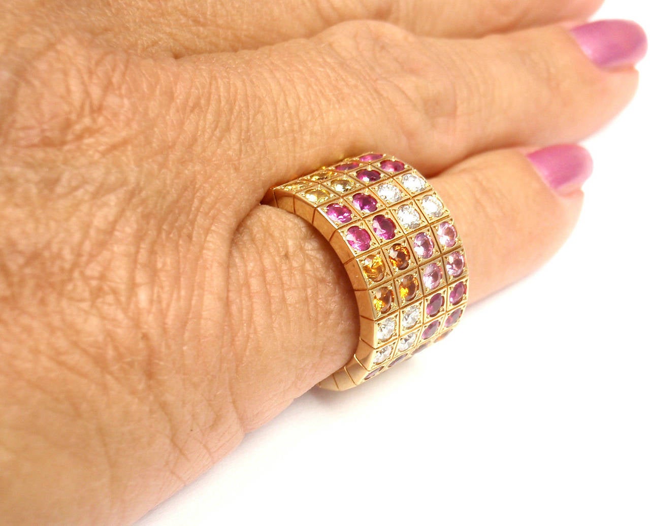 Cartier Lanieres Diamant Multicolor Saphir Gelbgold Breite Band Ring 1