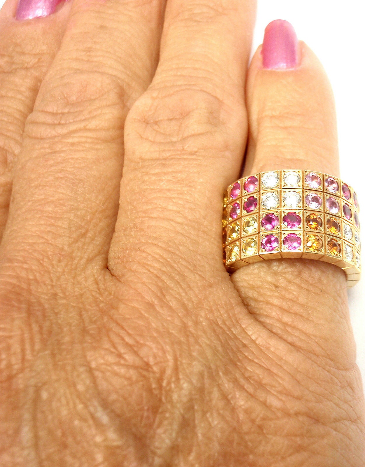 Cartier Lanieres Diamant Multicolor Saphir Gelbgold Breite Band Ring 4