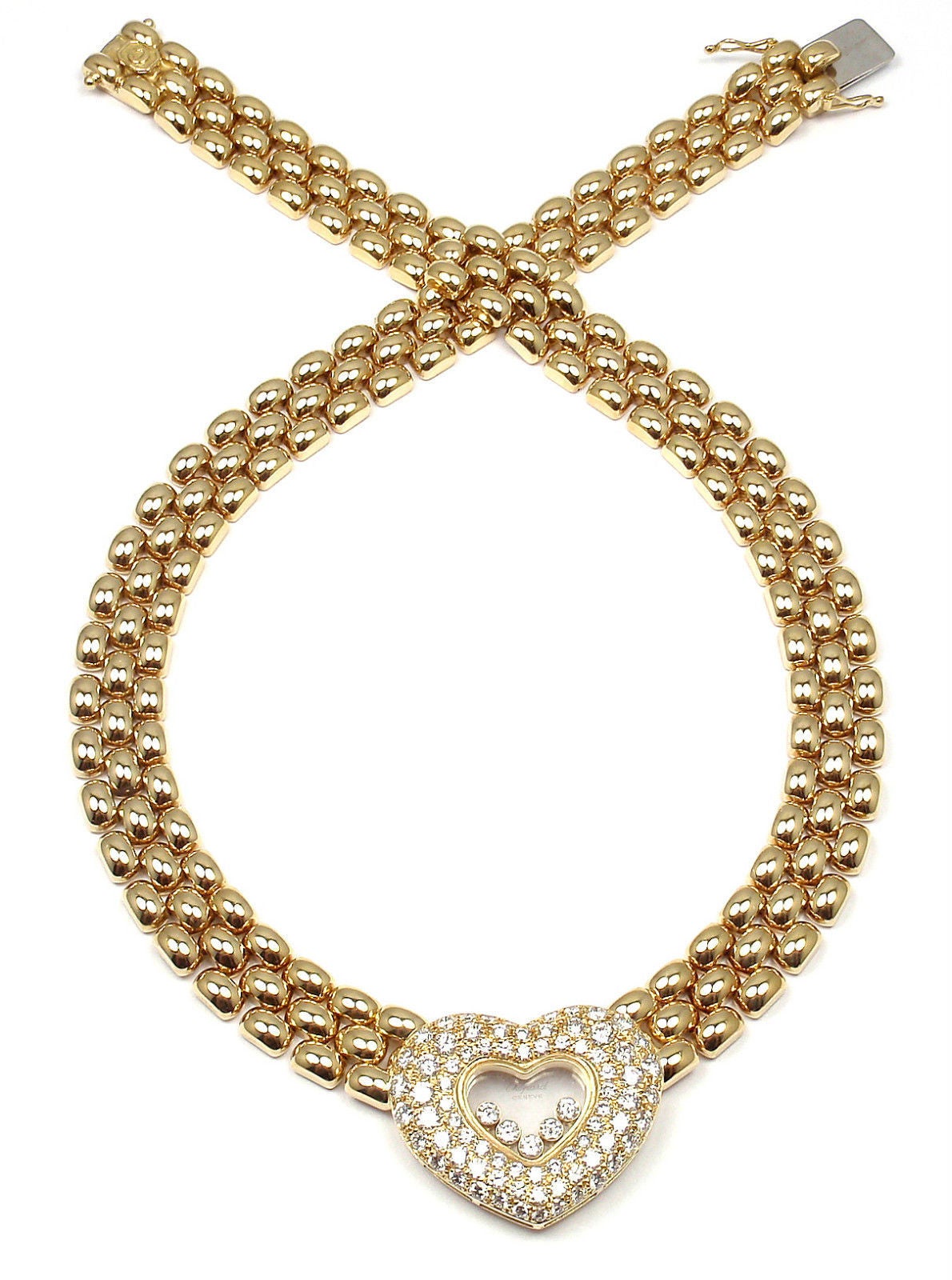 18k Yellow Gold Happy Diamonds Diamond Heart Necklace 
by Chopard. 
With 83 round brilliant cut diamonds VVS1 clarity, E color total weight approx. 2.59ct

Details:
Chain: Length: 16