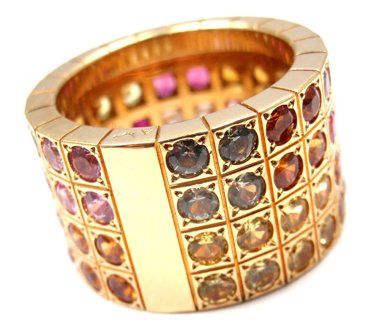 Cartier Lanieres Diamond Multicolor Sapphire Yellow Gold Wide Band Ring In New Condition In Holland, PA