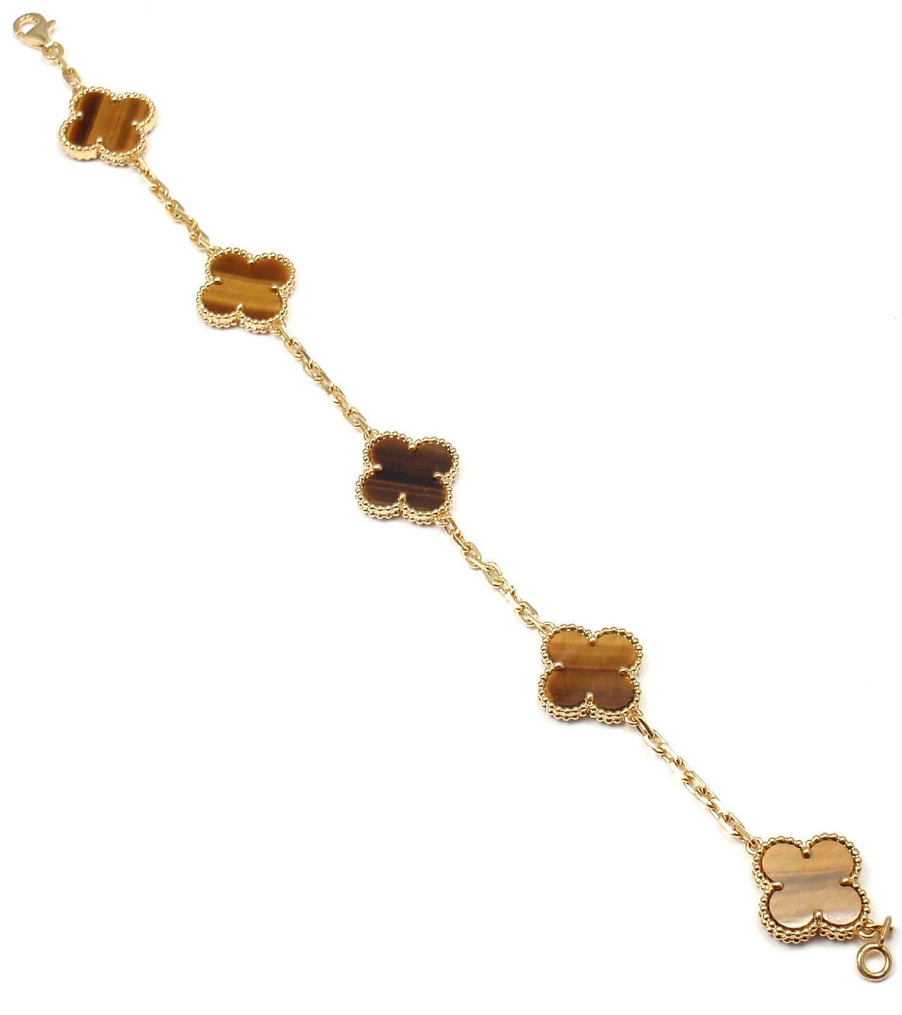 Women's Van Cleef & Arpels Tiger's Eye Vintage Alhambra 5 Motif Gold Bracelet