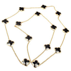 Vintage Van Cleef & Arpels Fourteen-Motif Black Onyx Pure Alhambra Yellow Gold Necklace