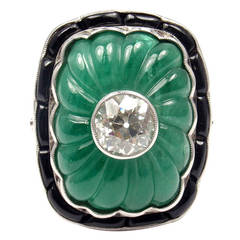 Fluted  Carved Emerald Black Onyx Diamond Platinum Ring