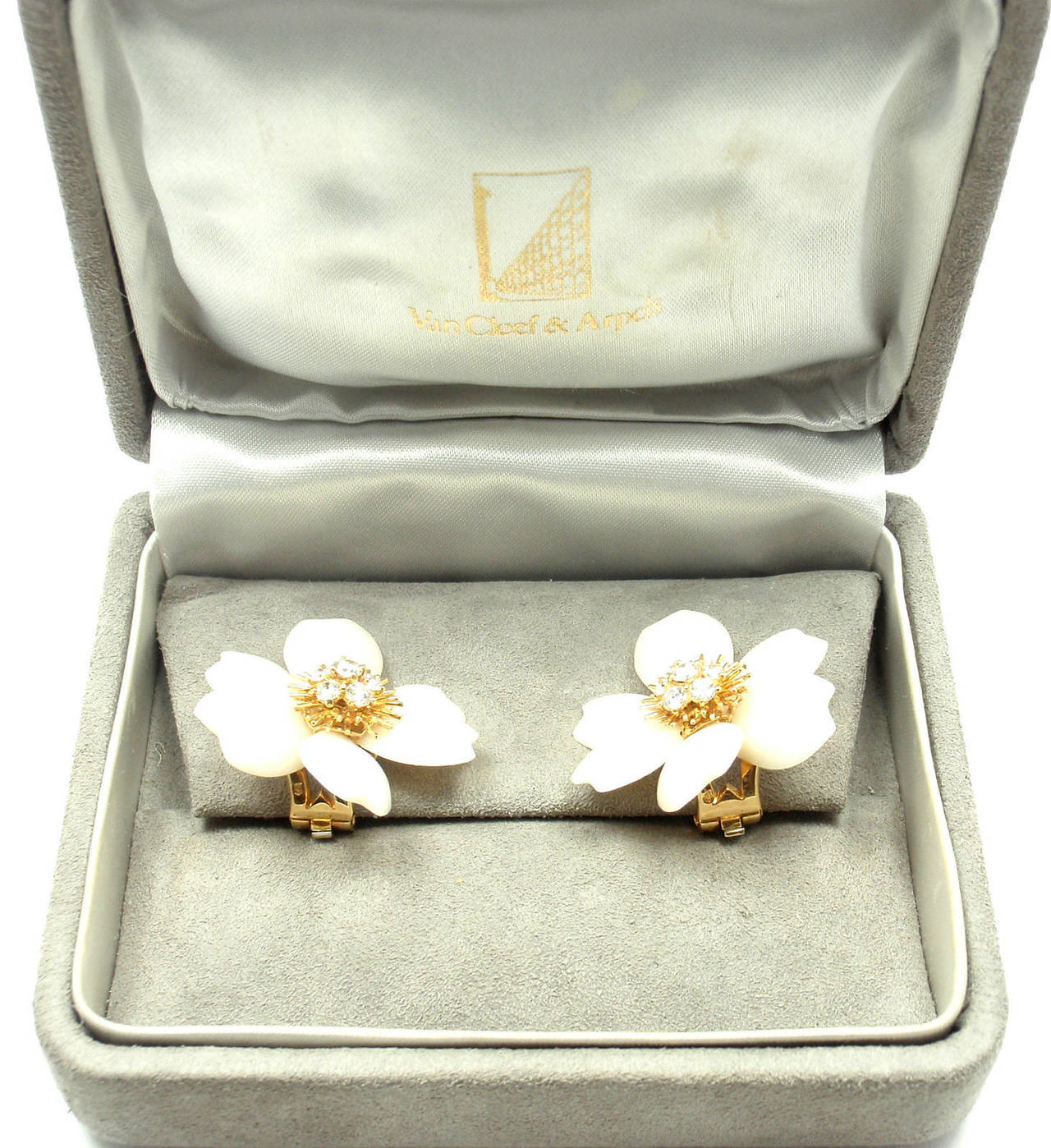 Van Cleef and Arpels Rose de Noel White Coral Diamond Gold Earrings at ...
