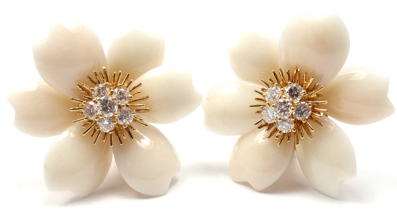 Van Cleef & Arpels Rose de Noel White Coral Diamond Gold Earrings 3