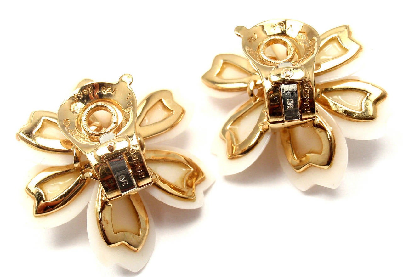 Women's Van Cleef & Arpels Rose de Noel White Coral Diamond Gold Earrings