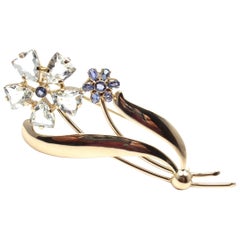 CARTIER Aquamarine Sapphire Flower Yellow Gold Brooch Pin