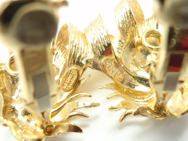 Women's Hermes Paris Emerald Yellow Gold Lion Head Earrings