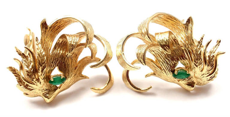 Hermes Paris Emerald Yellow Gold Lion Head Earrings 3