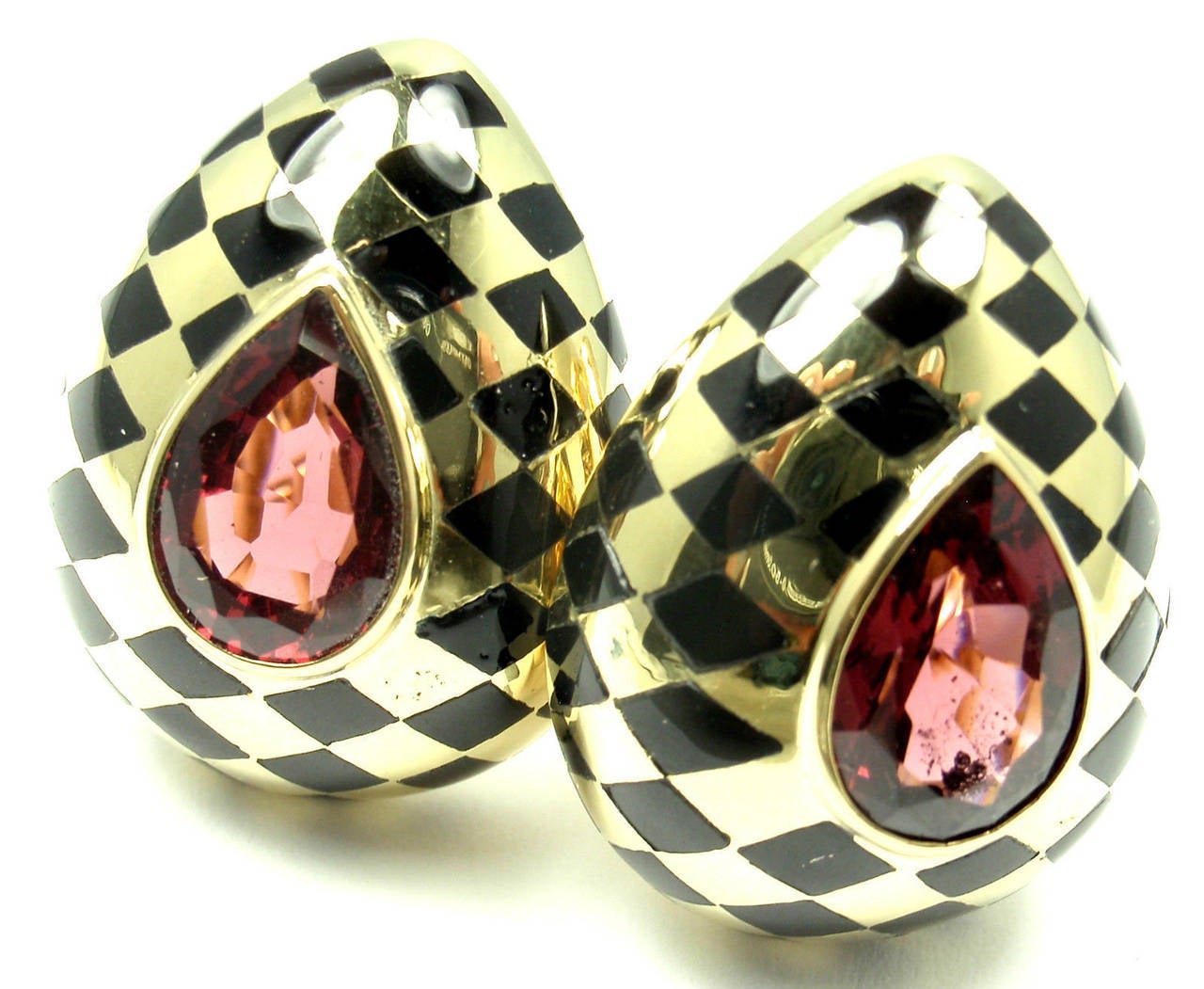 Angela Cummings Black Jade Inlay Pink Tourmaline Gold Earrings In New Condition In Holland, PA