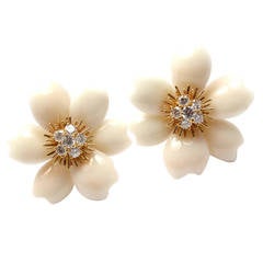 Van Cleef & Arpels Rose de Noel White Coral Diamond Gold Earrings