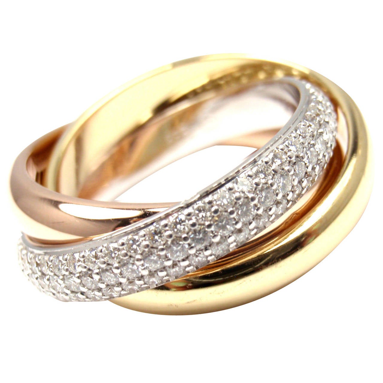 Cartier Trinity Pave Diamond Tri-Color Gold Band Ring