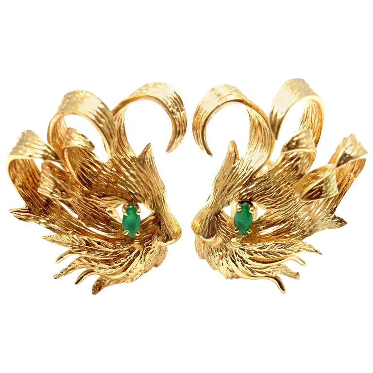 Hermes Paris Emerald Yellow Gold Lion Head Earrings