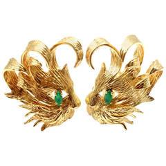 Vintage Hermes Paris Emerald Yellow Gold Lion Head Earrings