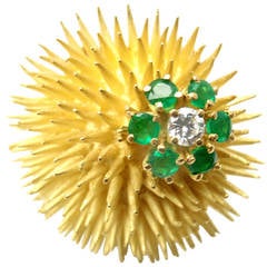Tiffany & Co. Emerald Diamond Yellow Gold Sea Urchin Pin Brooch 3