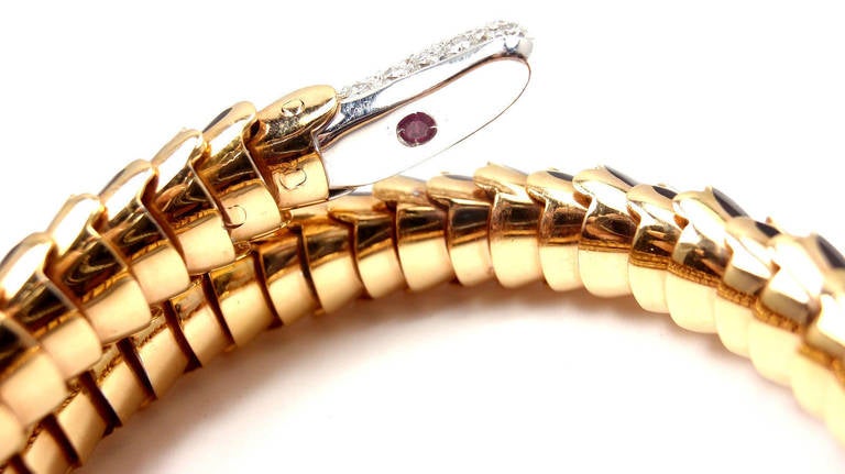 Roberto Coin Black Enamel Ruby Diamond Rose Gold Cobra Bangle Bracelet In New Condition In Holland, PA