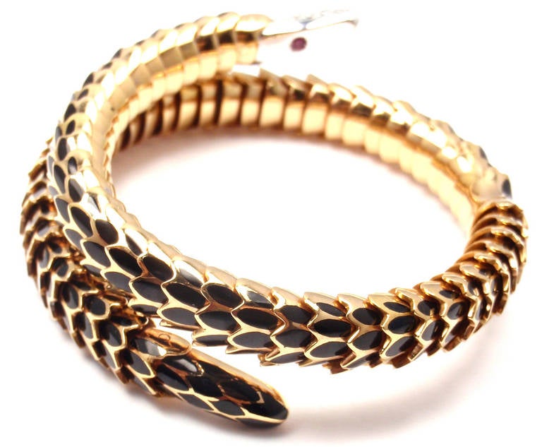 Roberto Coin Black Enamel Ruby Diamond Rose Gold Cobra Bangle Bracelet 2