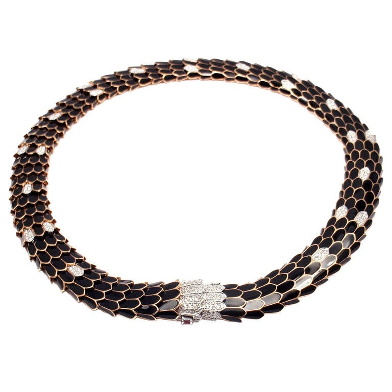 Roberto Coin Cobra Black Enamel Diamond Rose Gold Necklace