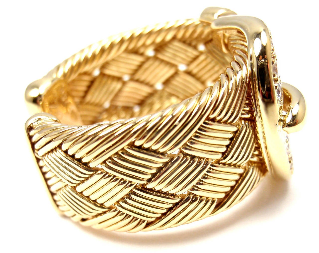 Hermes Diamond Gold Large Woven Buckle Band Ring 1