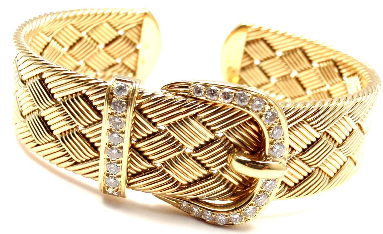 Women's Hermes Diamond Gold Woven Buckle Cuff Bangle Bracelet