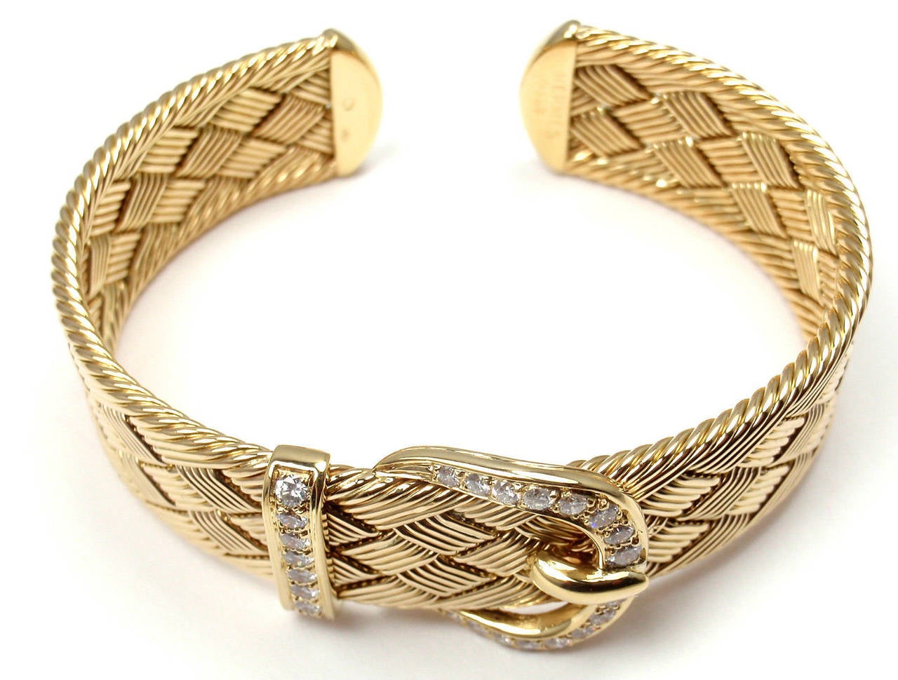 Hermes Diamond Gold Woven Buckle Cuff Bangle Bracelet 5
