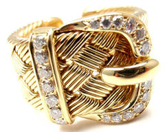 Hermes Diamond Gold Large Woven Buckle Band Ring