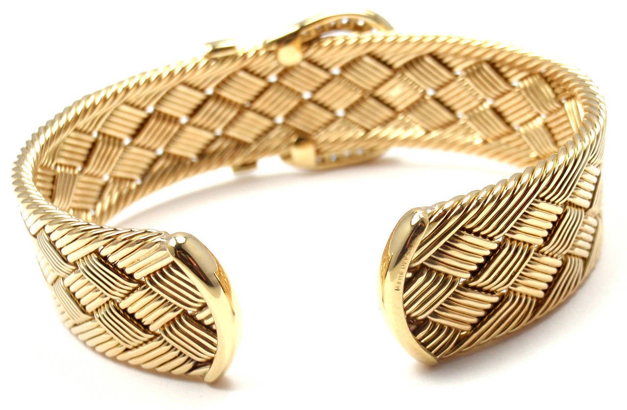 Hermes Diamond Gold Woven Buckle Cuff Bangle Bracelet 3