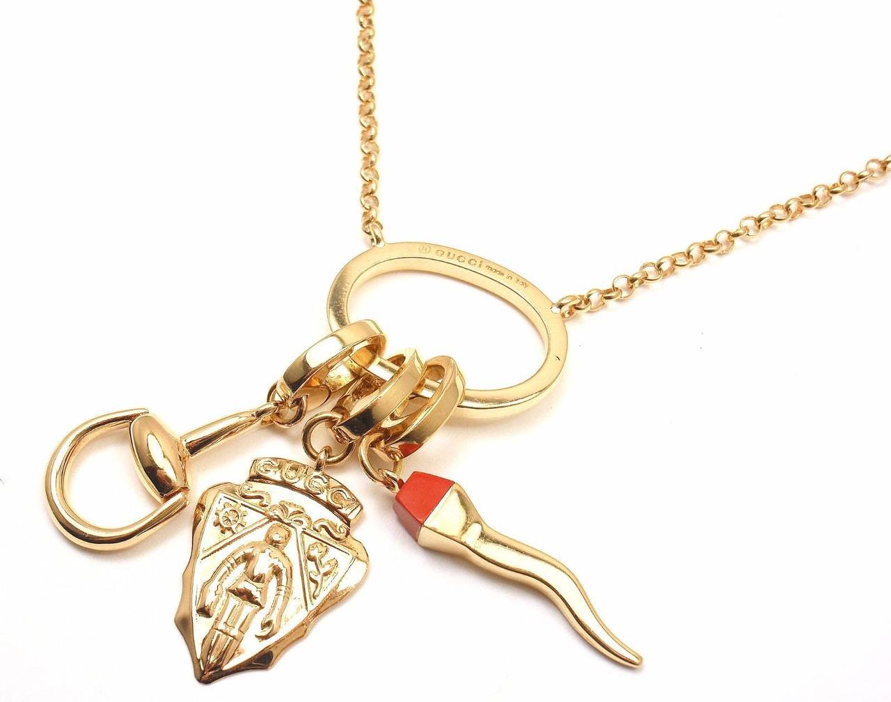 Gucci Coral Multi Charm Emblem Horsebit Gold Necklace 3