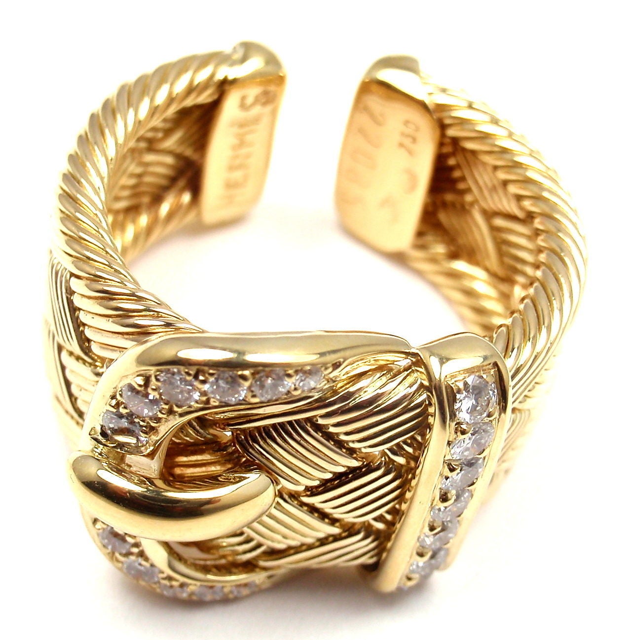 Hermes Diamond Gold Large Woven Buckle Band Ring In New Condition In Holland, PA