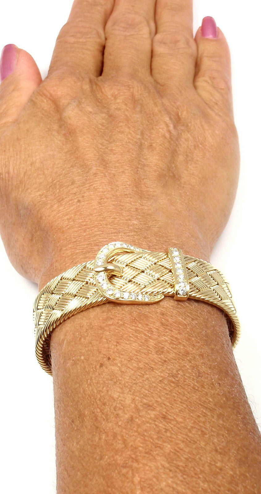 Hermes Diamond Gold Woven Buckle Cuff Bangle Bracelet 1