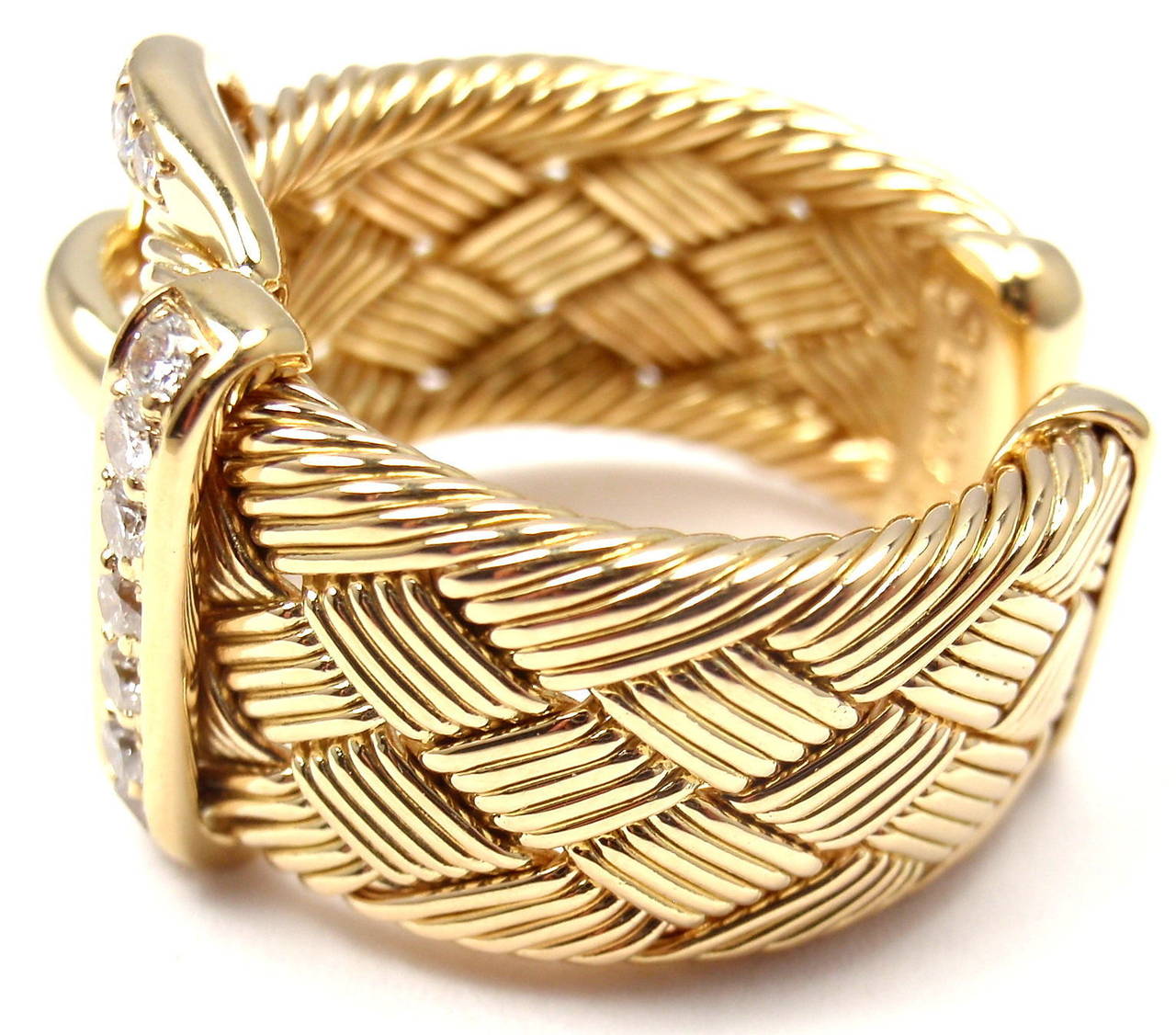 Women's Hermes Diamond Gold Large Woven Buckle Band Ring