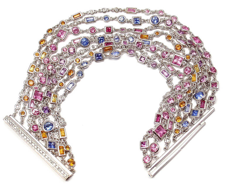 18k White Gold Diamond And Multicolored Sapphires Bracelet by H. Stern. 
With 61 round brilliant cut diamonds VS1 clarity, G color total weight approx. .75ct
Multicolored Sapphires

Details: 
Length: 7