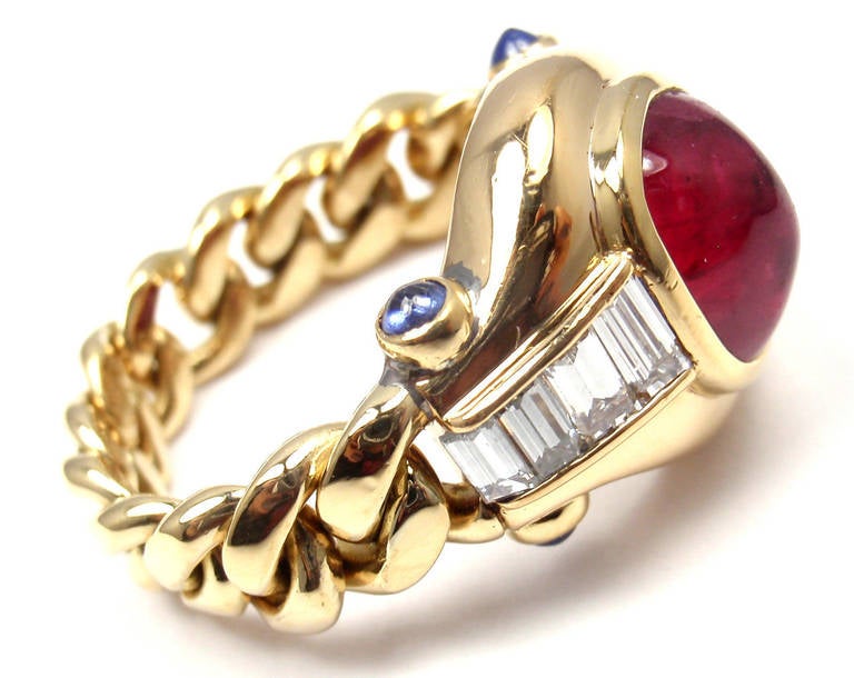 Bulgari Ruby Sapphire Diamond Yellow Gold Band Ring In New Condition In Holland, PA