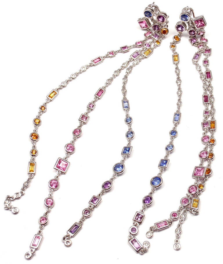 18k White Gold Diamond And Multicolored Sapphires Drop Earrings by H. Stern. 
With 32 round brilliant cut diamonds VS1 clarity, G color total weight approx. .50ct
Multicolored Sapphires

Details: 
Length: Very Long 6